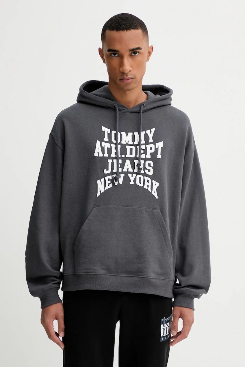 Bavlnená mikina Tommy Jeans šedá farba, s kapucňou, s potlačou, DM0DM22082
