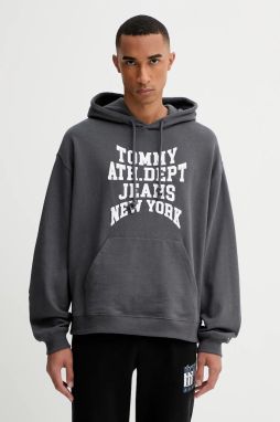 Bavlnená mikina Tommy Jeans šedá farba, s kapucňou, s potlačou, DM0DM22082