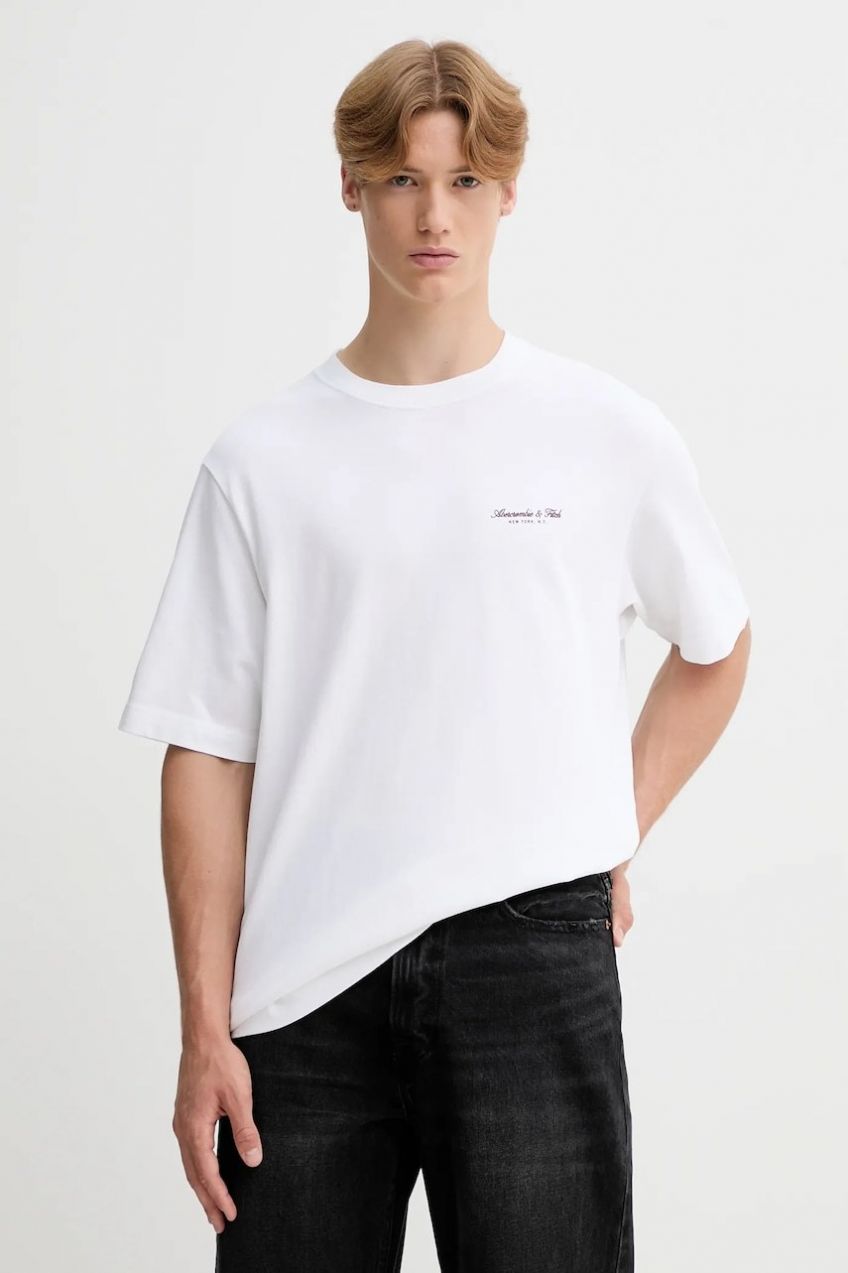 Bavlnené tričko Abercrombie & Fitch pánske, biela farba, s potlačou, KI123-5091-100