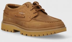 Kožené mokasíny Calvin Klein Jeans HYBRID BOAT SHOE SLIPON LH BTW pánske, béžová farba, YM0YM00937