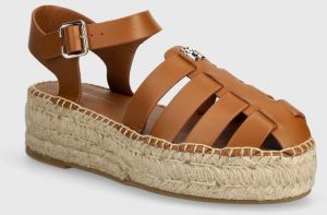 Kožené espadrilky Tommy Hilfiger TH AUTHENTIC LEATHER ESPADRILLE dámske, hnedá farba, na platforme, FW0FW07743
