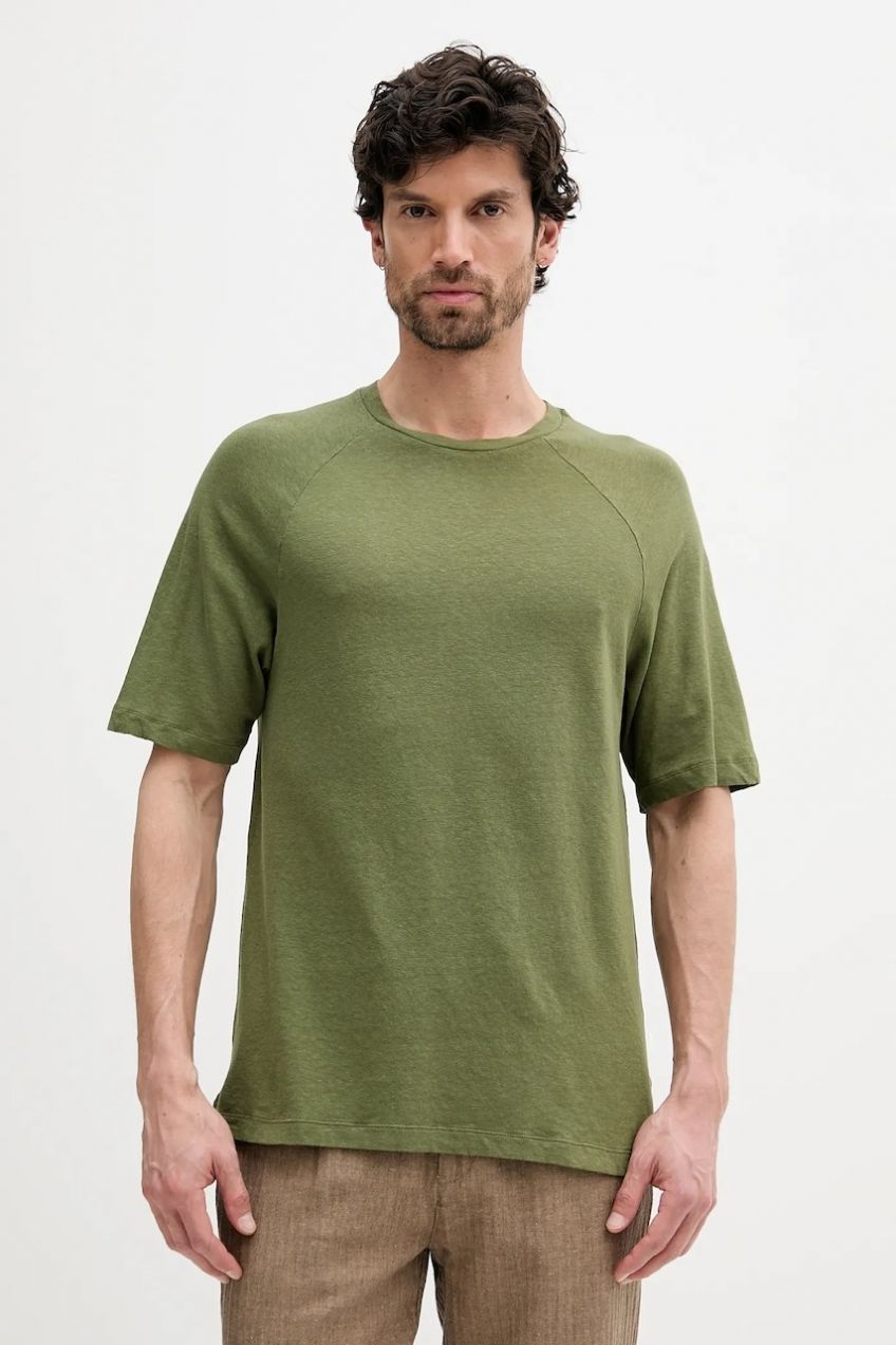 Ľanové tričko United Colors of Benetton zelená farba, jednofarebné, 3UTFU10A5