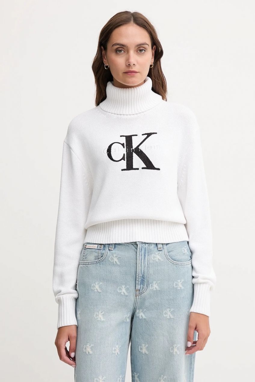 Sveter Calvin Klein Jeans biela farba, s rolákom, LV047D354G