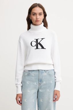 Sveter Calvin Klein Jeans biela farba, s rolákom, LV047D354G
