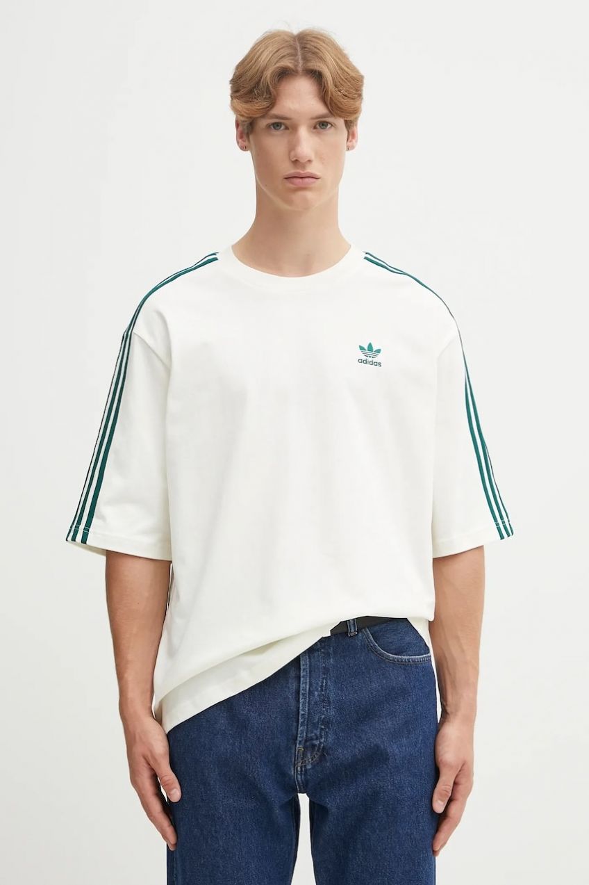 Bavlnené tričko adidas Originals Oversize Tee pánske, béžová farba, s nášivkou, KA0478