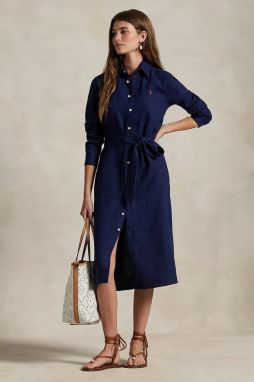Ľanové šaty Polo Ralph Lauren biela farba, midi, áčkový strih, 211943992