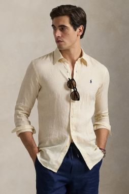 Ľanová košeľa Polo Ralph Lauren Long Sleeve Sport Shirt béžová farba, regular, s klasickým golierom, 710966294