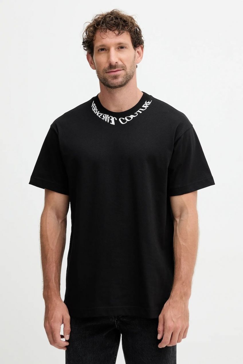 Bavlnené tričko Versace Jeans Couture pánske, čierna farba, s potlačou, 79GAHP03 CJ01P