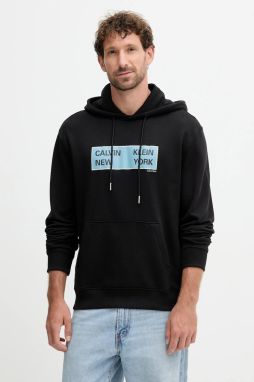 Bavlnená mikina Calvin Klein Jeans čierna farba, s kapucňou, s potlačou, LV04RD259G