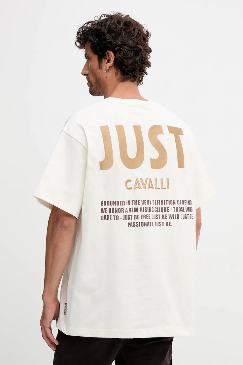Bavlnené tričko Just Cavalli pánske, béžová farba, s potlačou, 79OAHT17 CJ518