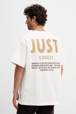 Bavlnené tričko Just Cavalli pánske, béžová farba, s potlačou, 79OAHT17 CJ518