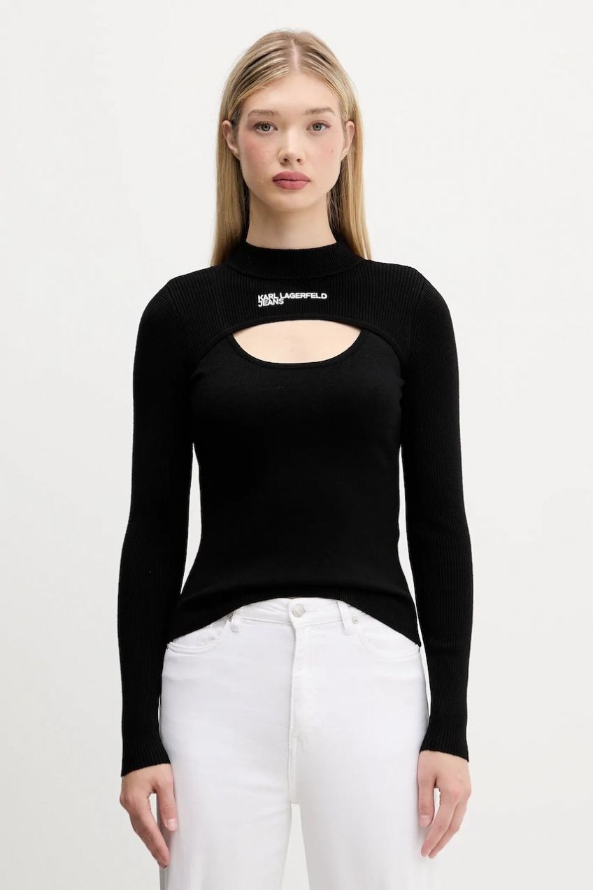 Sveter Karl Lagerfeld Jeans čierna farba, ľahký, s polorolákom, A4W18013