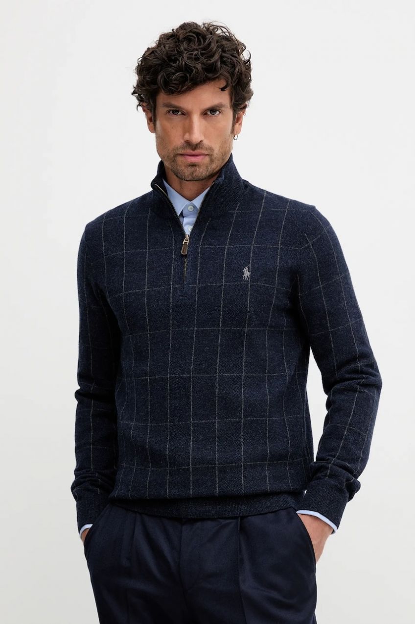 Vlnený sveter Polo Ralph Lauren tmavomodrá farba, s polorolákom, 710981616