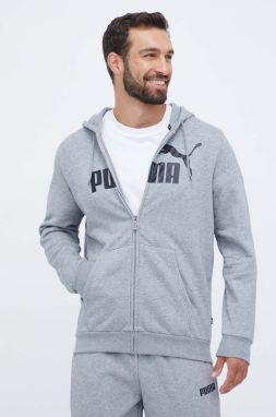 Mikina Puma pánska, šedá farba, s kapucňou, s potlačou