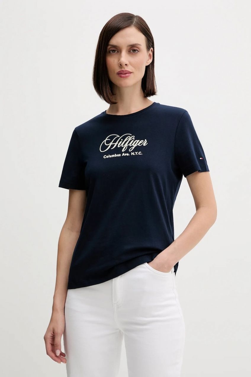 Bavlnené tričko Tommy Hilfiger dámske, tmavomodrá farba, WW0WW46120
