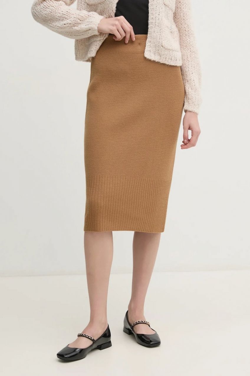 Sukňa Sisley béžová farba, midi, rovný strih, 122NM000F