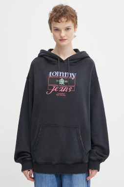 Bavlnená mikina Tommy Jeans čierna farba, s kapucňou, s potlačou, DW0DW22169