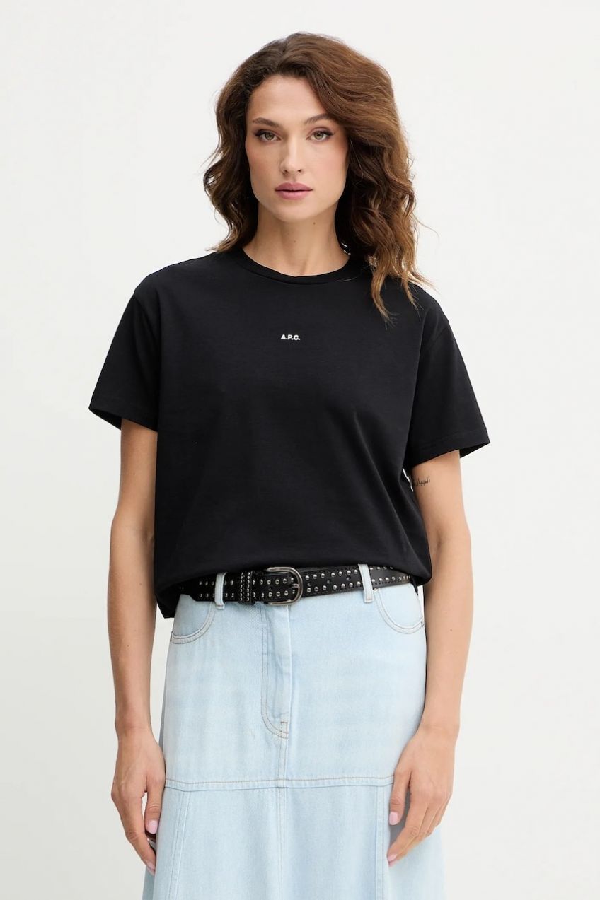 Bavlnené tričko A.P.C. t-shirt boxy micro logo GOTS dámsky, čierna farba, COHBW.F26387