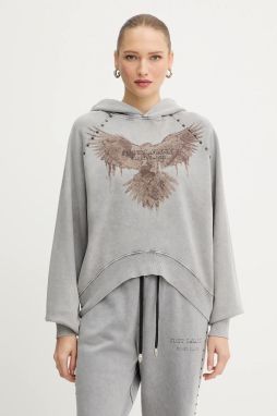 Bavlnená mikina Just Cavalli šedá farba, s kapucňou, s potlačou, 79PAIE05 CFW13