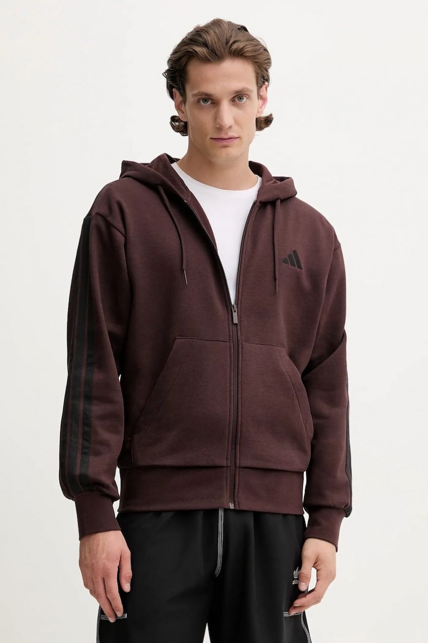 Mikina adidas 3S hnedá farba, s kapucňou, jednofarebná, JX0697