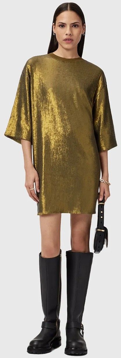 Šaty AllSaints OPAL LOGO DRESS strieborná farba, mini, oversize, W185DB