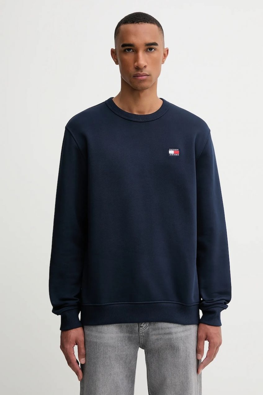 Bavlnená mikina Tommy Jeans tmavomodrá farba, s nášivkou, DM0DM20660