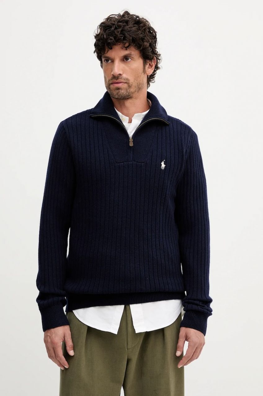 Vlnený sveter Polo Ralph Lauren tmavomodrá farba, s rolákom, 710974167