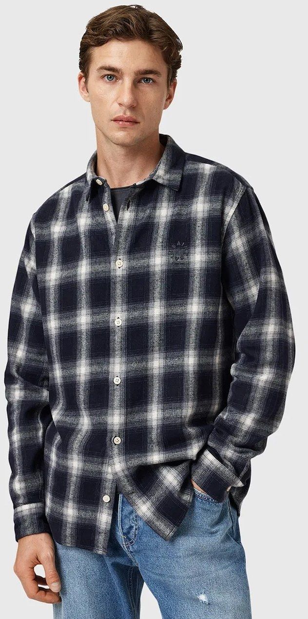 Bavlnená košeľa AllSaints HAVEN tmavomodrá farba, voľný strih, s klasickým golierom, M051SD