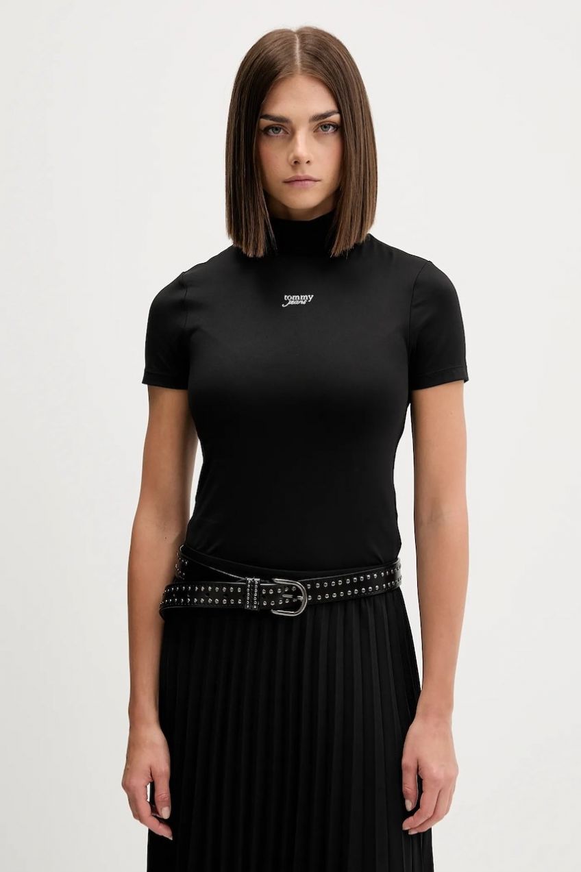 Tričko Tommy Jeans dámske, čierna farba, s polorolákom, DW0DW21563