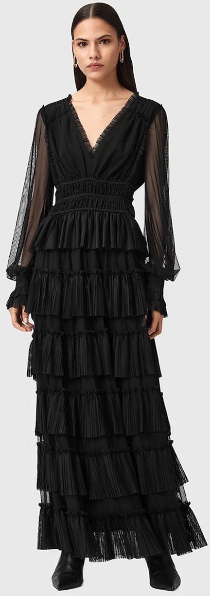 Šaty AllSaints XANTARA čierna farba, maxi, áčkový strih, W029DD