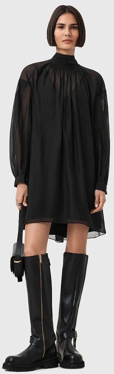 Šaty s prímesou hodvábu AllSaints PEARLA čierna farba, mini, áčkový strih, W095DD