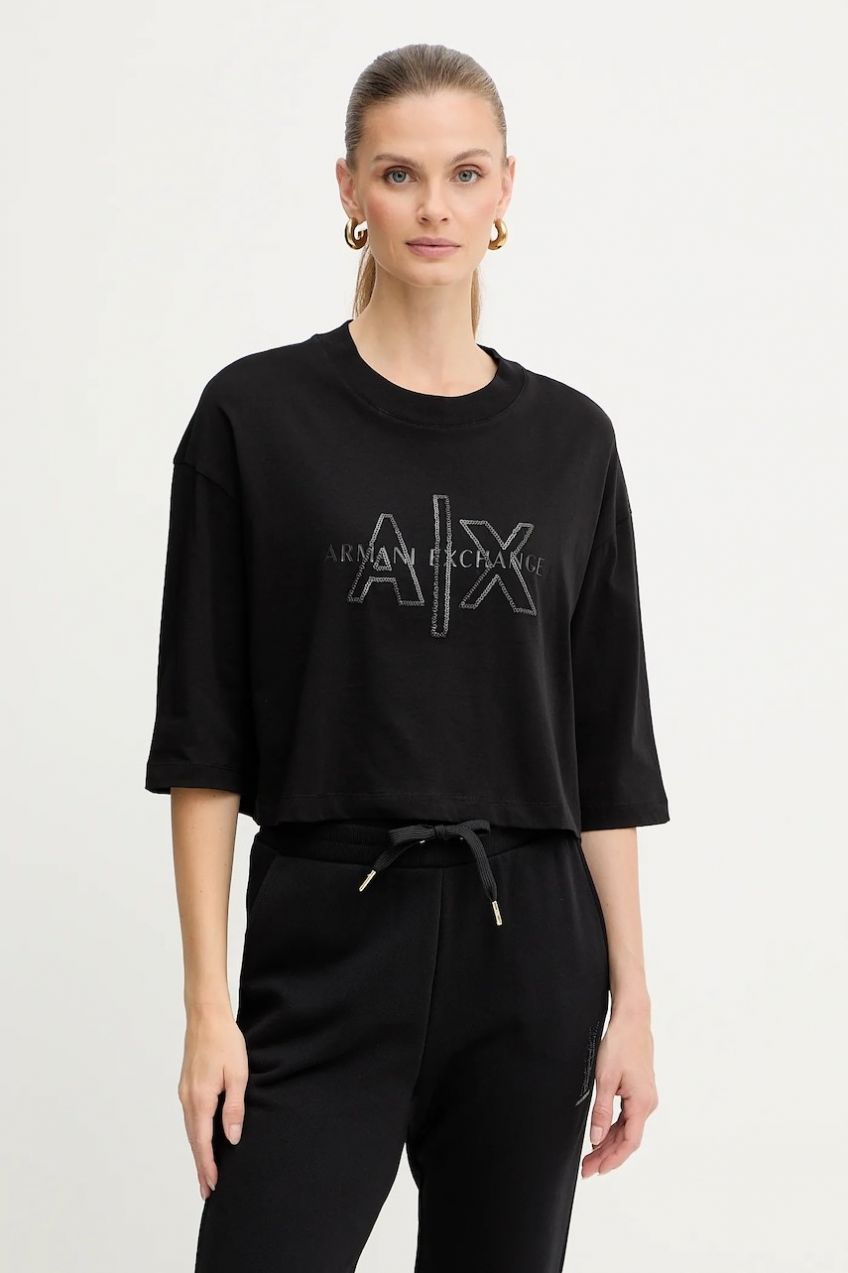 Bavlnené tričko Armani Exchange dámske, čierna farba, XW001080 AF10356