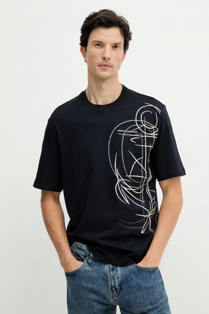 Bavlnené tričko Armani Exchange pánske, tmavomodrá farba, s nášivkou, XM001441 AF10362