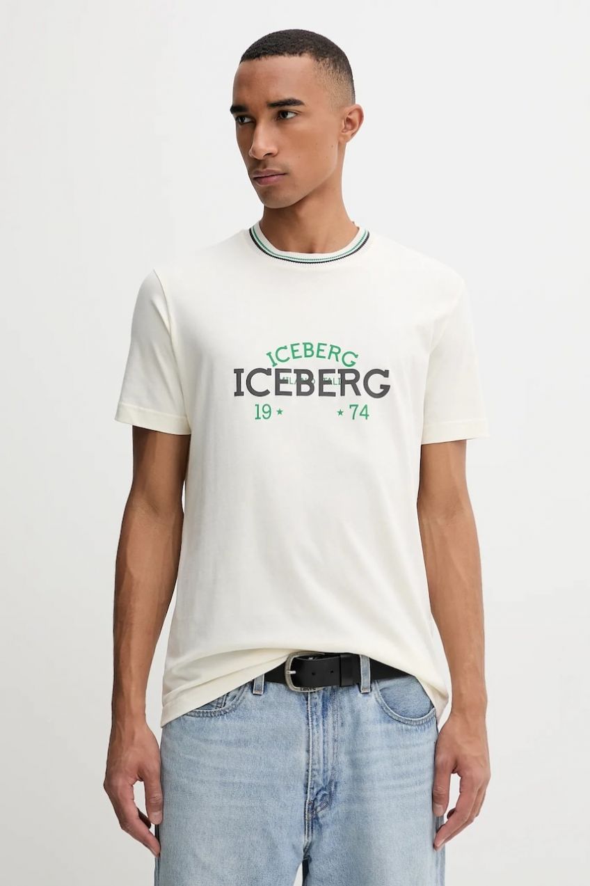 Bavlnené tričko Iceberg pánske, béžová farba, s potlačou, F010 6325