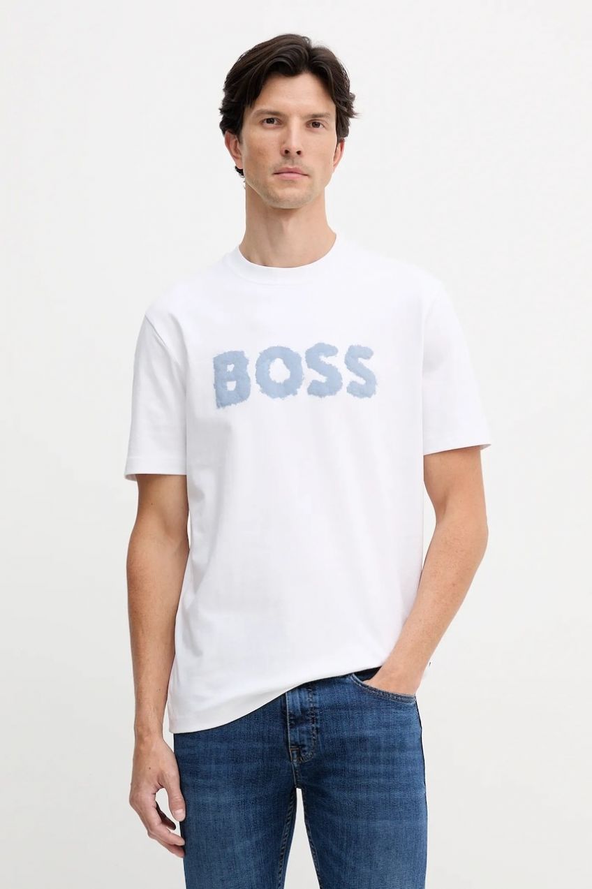 Bavlnené tričko BOSS Orange pánske, biela farba, s potlačou, 50554616