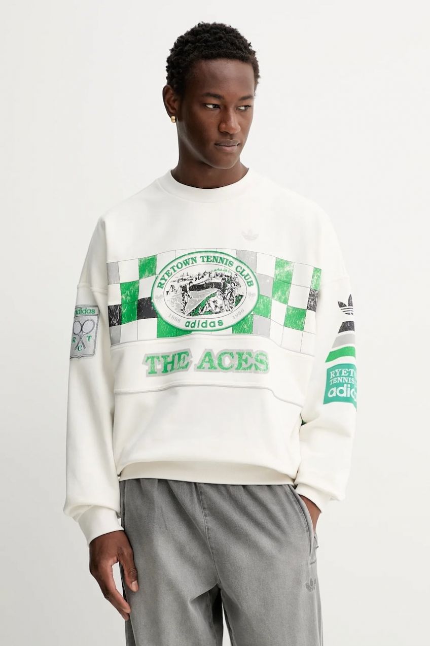 Bavlnená mikina adidas Originals Court Crew biela farba, s kapucňou, vzorovaná, JW0149