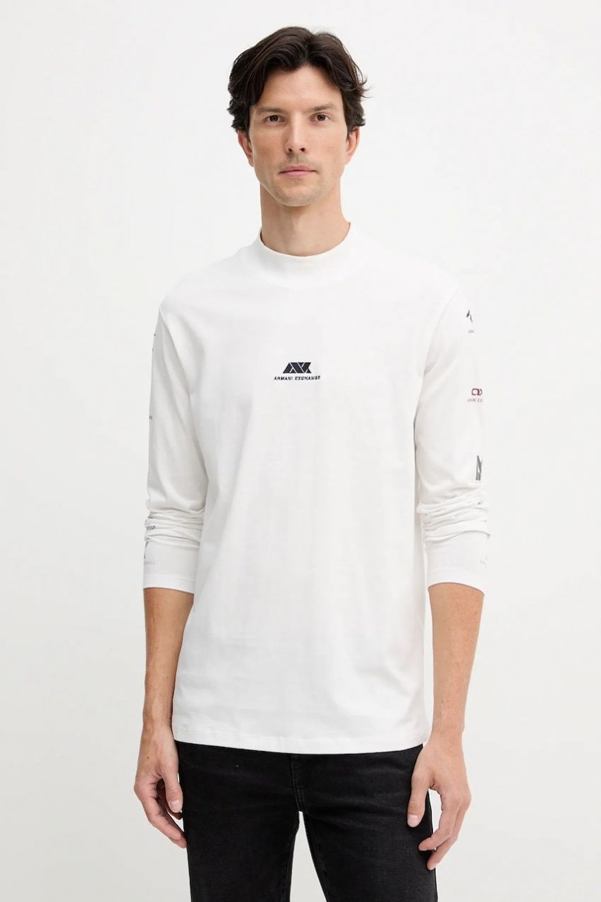 Bavlnené tričko s dlhým rukávom Armani Exchange biela farba, s potlačou, XM001434 AF10362