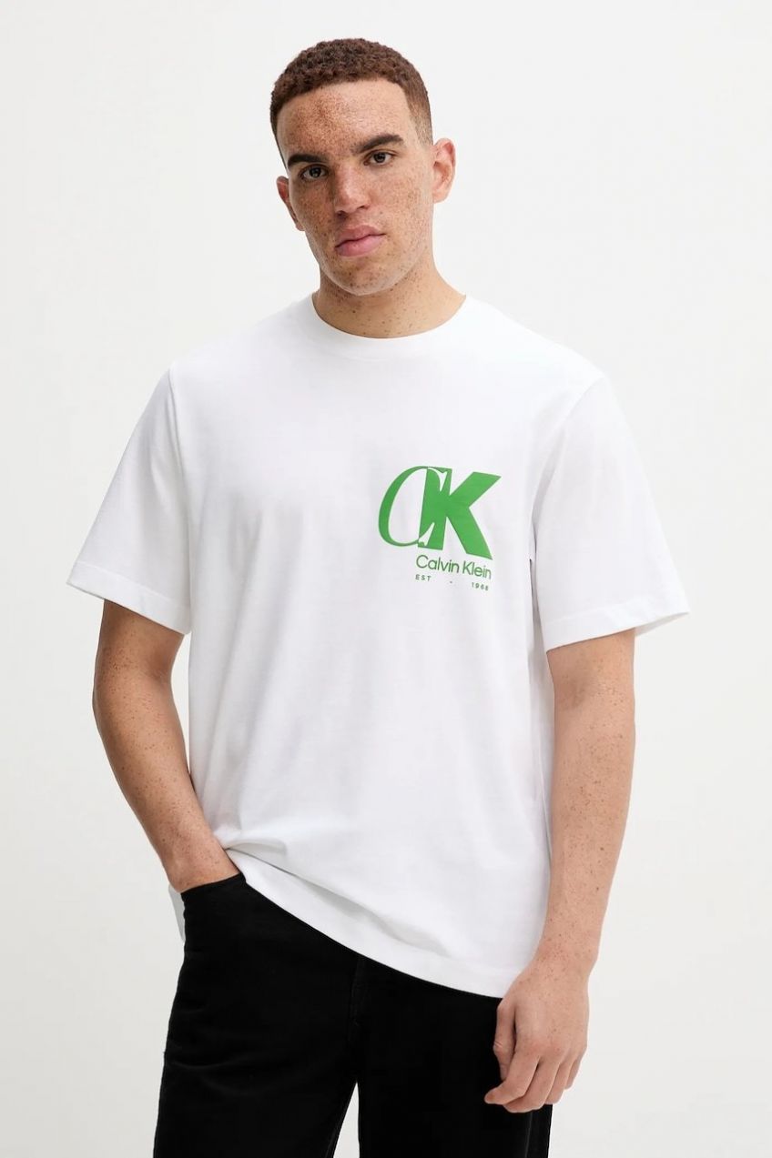 Bavlnené tričko Calvin Klein pánske, biela farba, s potlačou, LV04RD823G