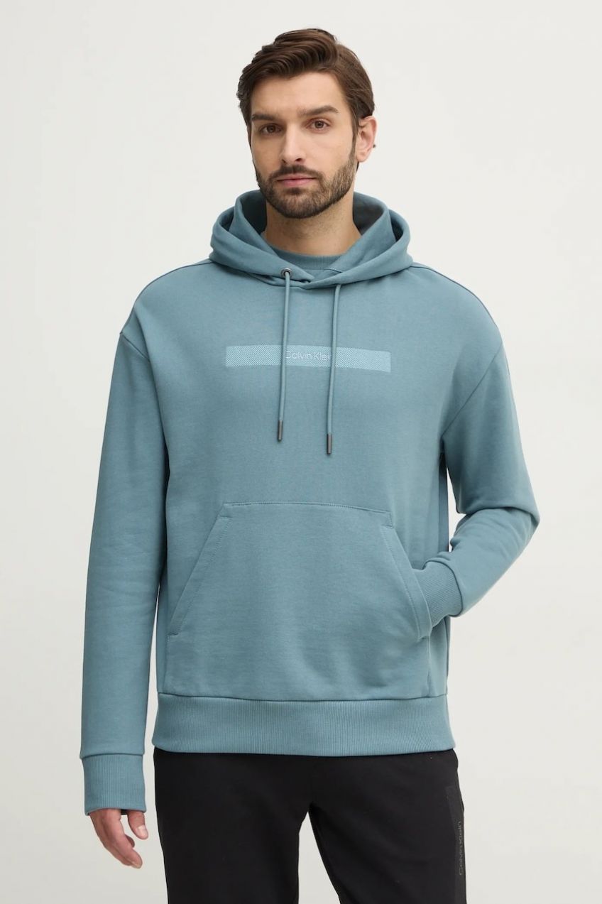 Bavlnená mikina Calvin Klein pánska, zelená farba, s kapucňou, s potlačou, K10K113768