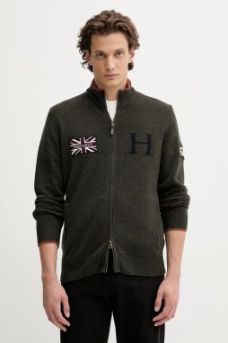 Vlnený kardigán Hackett London zelená farba, HM7000052