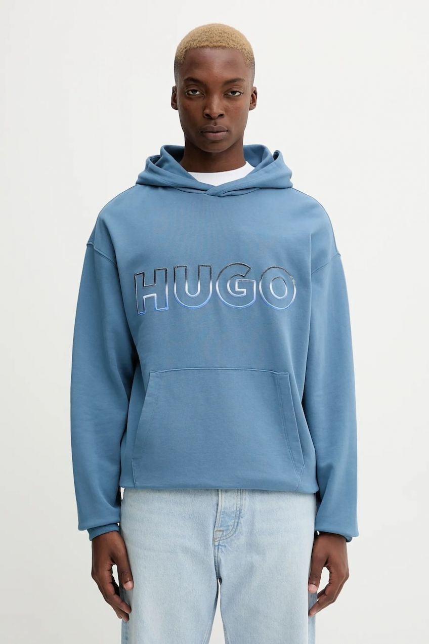 Bavlnená mikina Hugo Blue modrá farba, s kapucňou, s nášivkou, 50549151