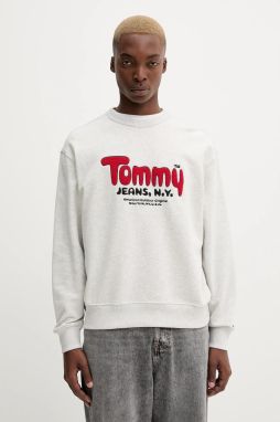 Bavlnená mikina Tommy Jeans šedá farba, s nášivkou, DM0DM22087