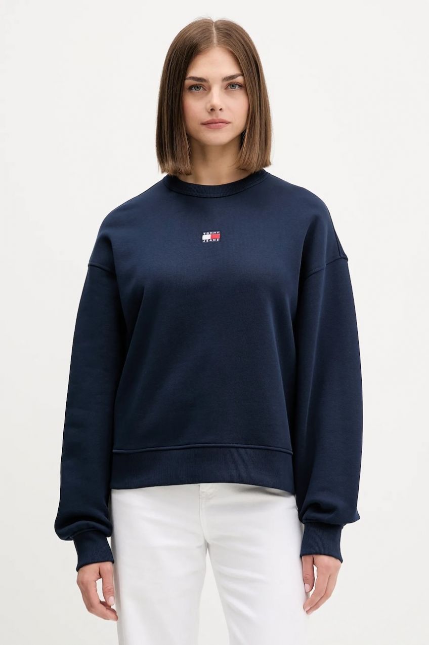 Bavlnená mikina Tommy Jeans čierna farba, s nášivkou, DW0DW17325