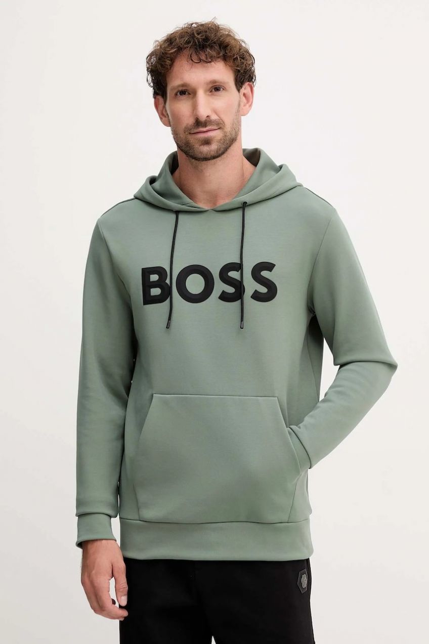 Mikina BOSS Green zelená farba, s kapucňou, s potlačou, 50551457