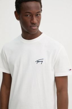 Bavlnené tričko Tommy Jeans pánske, biela farba, s nášivkou, DM0DM21140