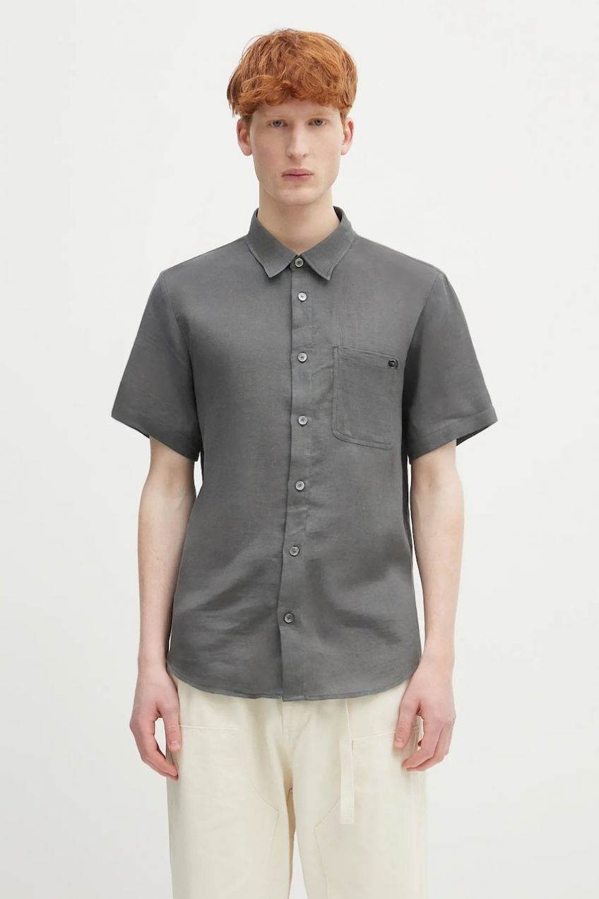 Ľanová košeľa A.P.C. chemisette bellini logo šedá farba, voľný strih, s klasickým golierom, LIAEK.H12551