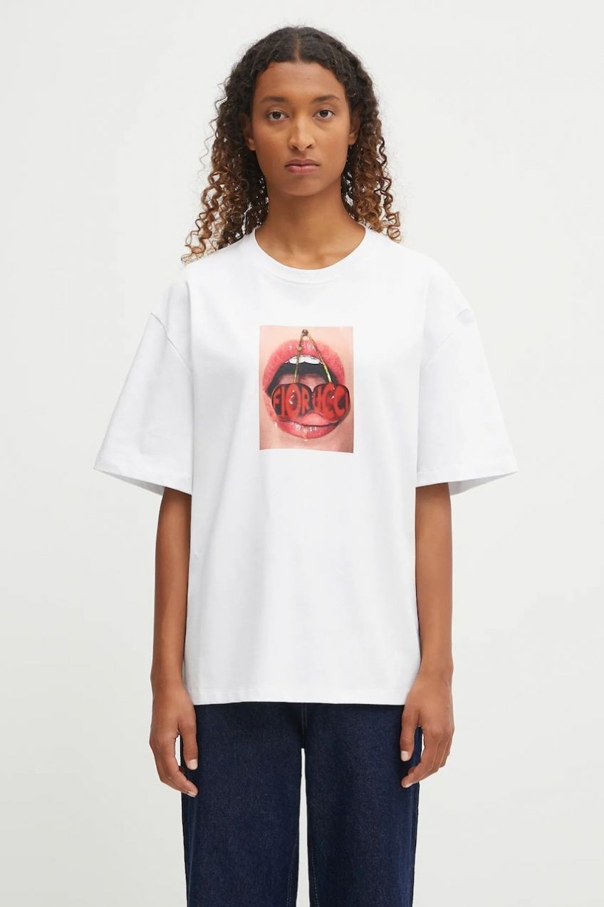 Bavlnené tričko Fiorucci Cherry Mouth Print Boxy Fit dámske, biela farba, W02FPTSH103CJ01WH03