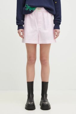 Bavlnené šortky Fiorucci Gingham Logo dámske, ružová farba, vzorované, vysoký pás, W02SPBSH300CO01PN02