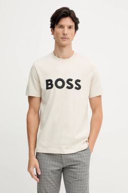 Bavlnené tričko BOSS Green pánske, béžová farba, s potlačou, 50548411
