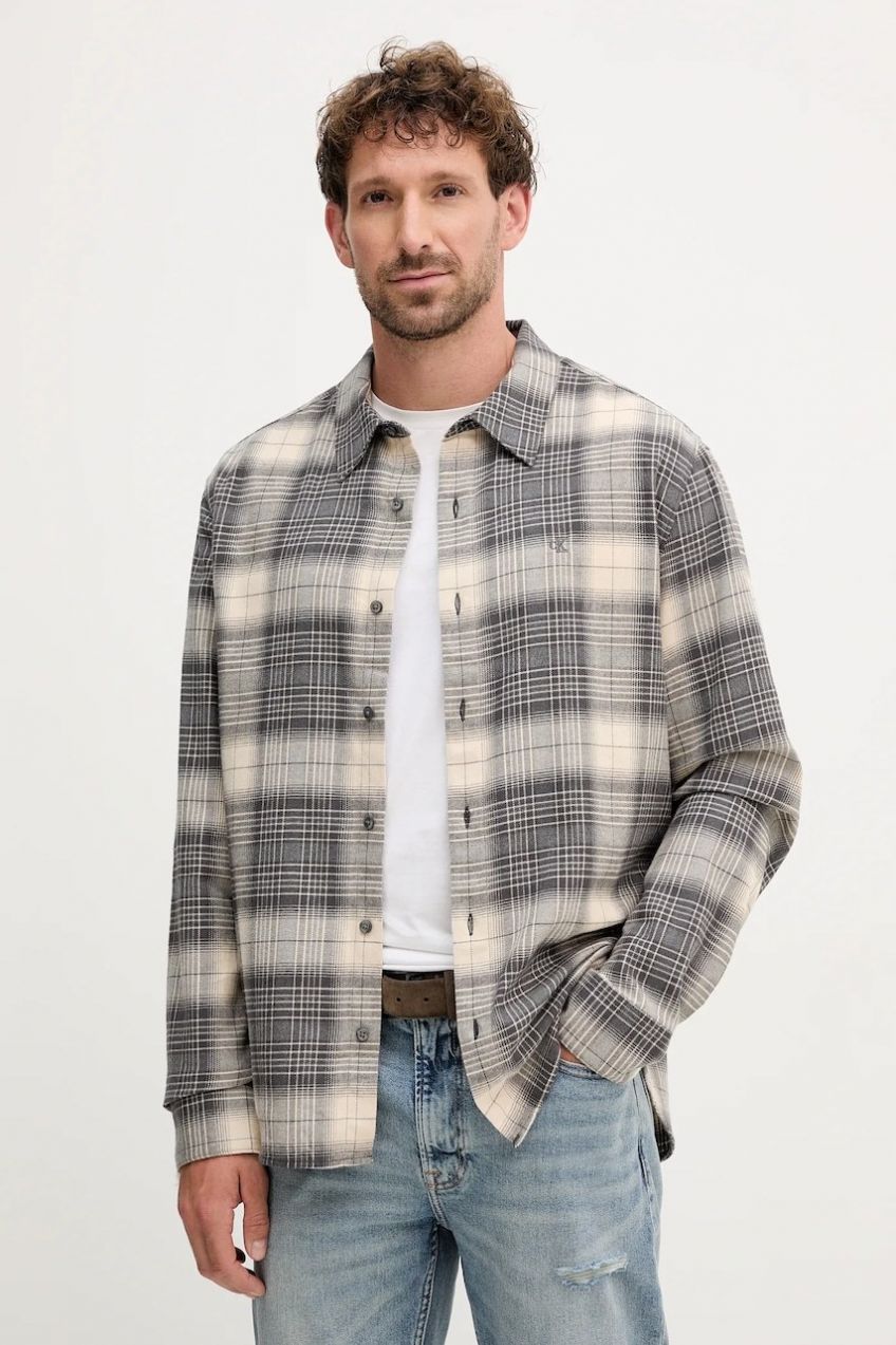 Bavlnená košeľa Calvin Klein Jeans šedá farba, regular, s klasickým golierom, LV04RD105G